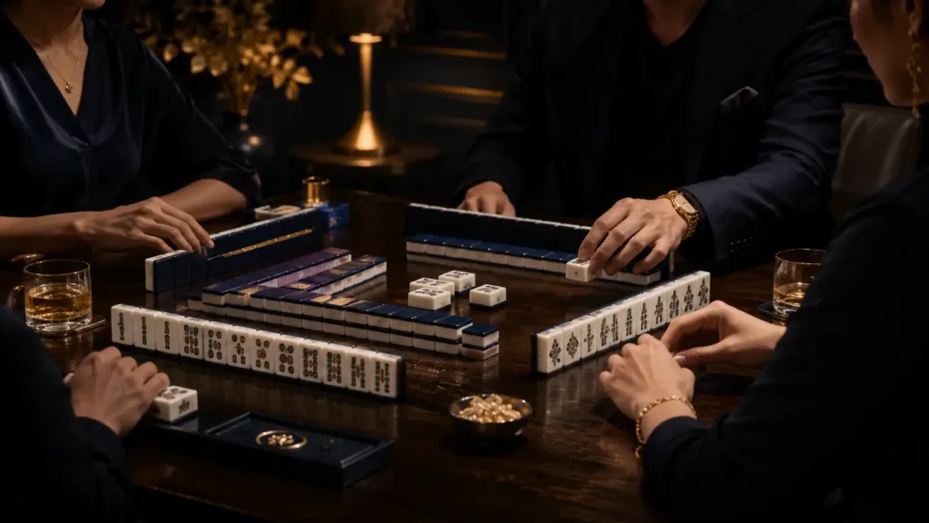Luxury Mahjong game scene showing a premium custom Mahjong set in a social setting