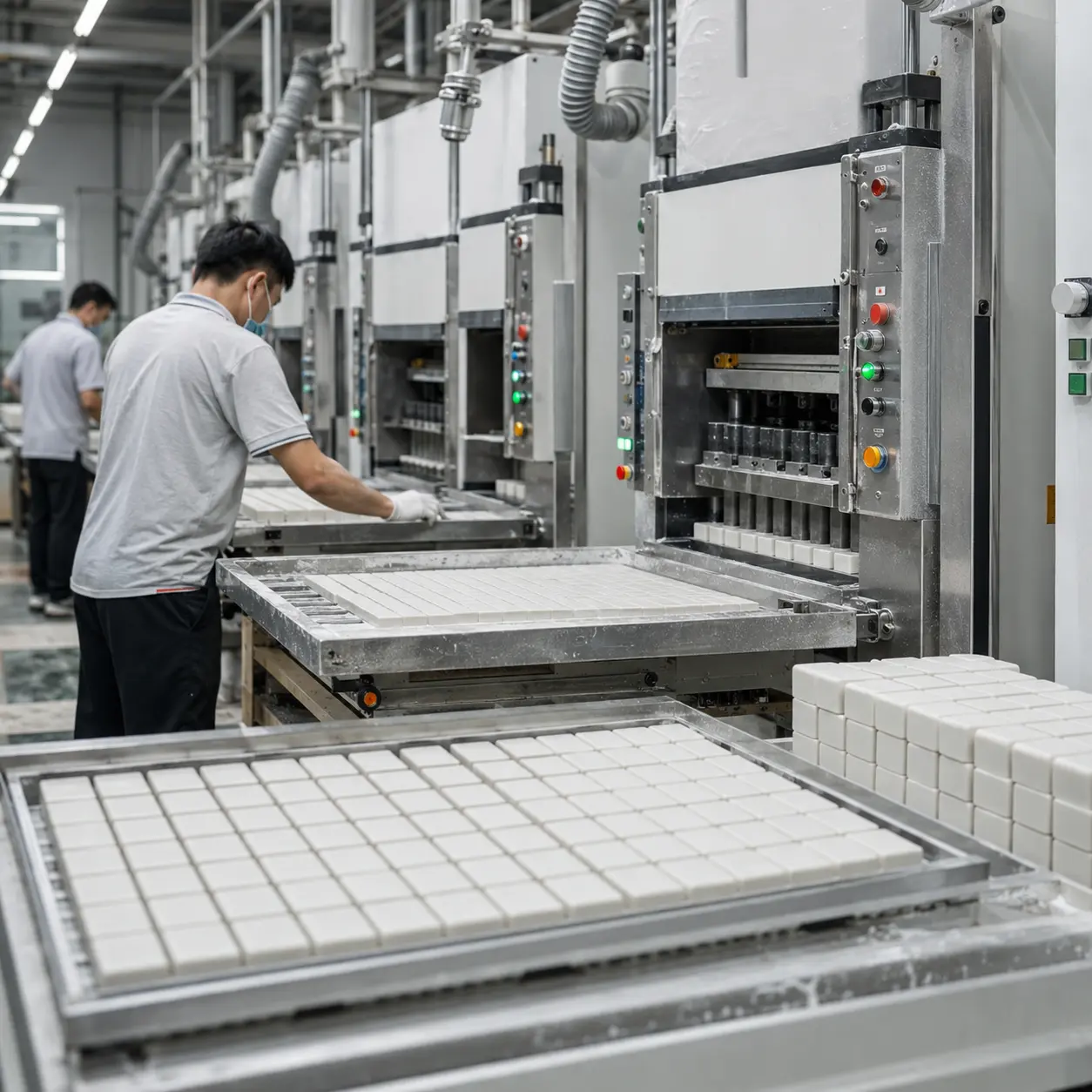 HUHU Mahjong tile manufacturing process showing automated production equipment and tile forming operations