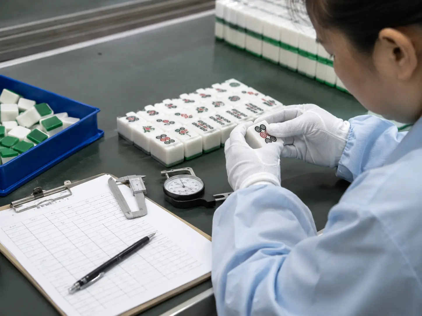 Home 25 Quality control inspection of Mahjong tiles using precision measurement tools