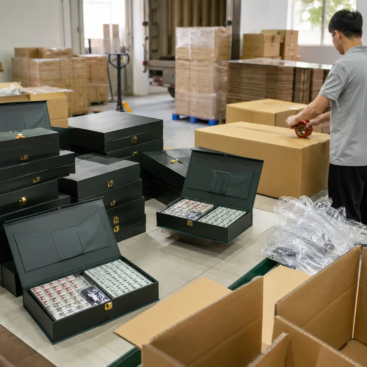 HUHU Mahjong packaging and shipping preparation showing premium Mahjong sets being packed for delivery