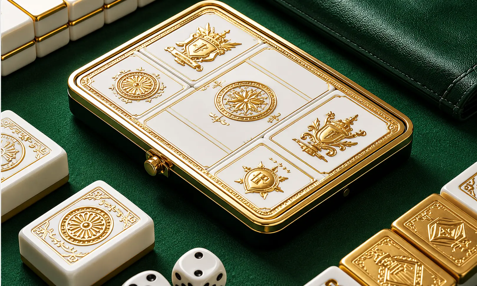Luxury custom Mahjong tiles with engraved gold design and premium case