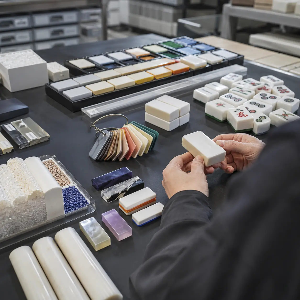 HUHU Mahjong OEM custom design development showing material samples, colour options, and Mahjong tile customization process