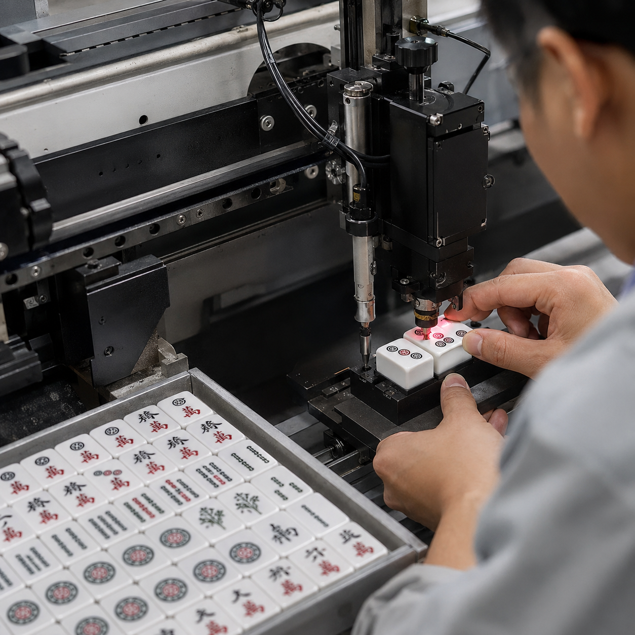 HUHU Mahjong tile printing and engraving process showing precision equipment for detailed tile artwork production