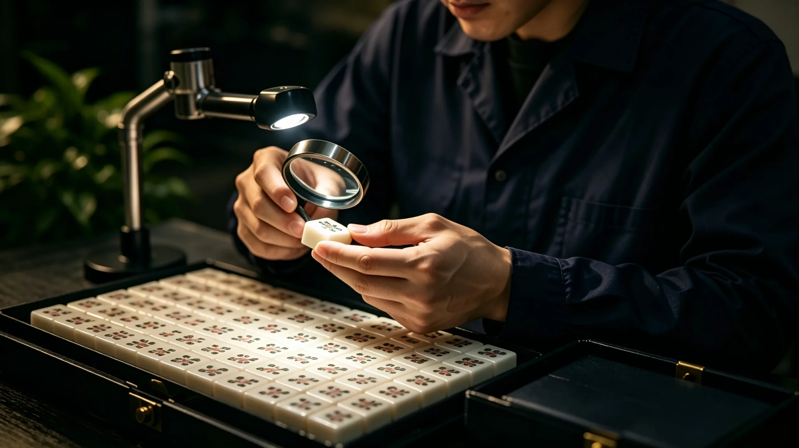 HUHU Mahjong quality inspection process showing manual tile inspection and craftsmanship control