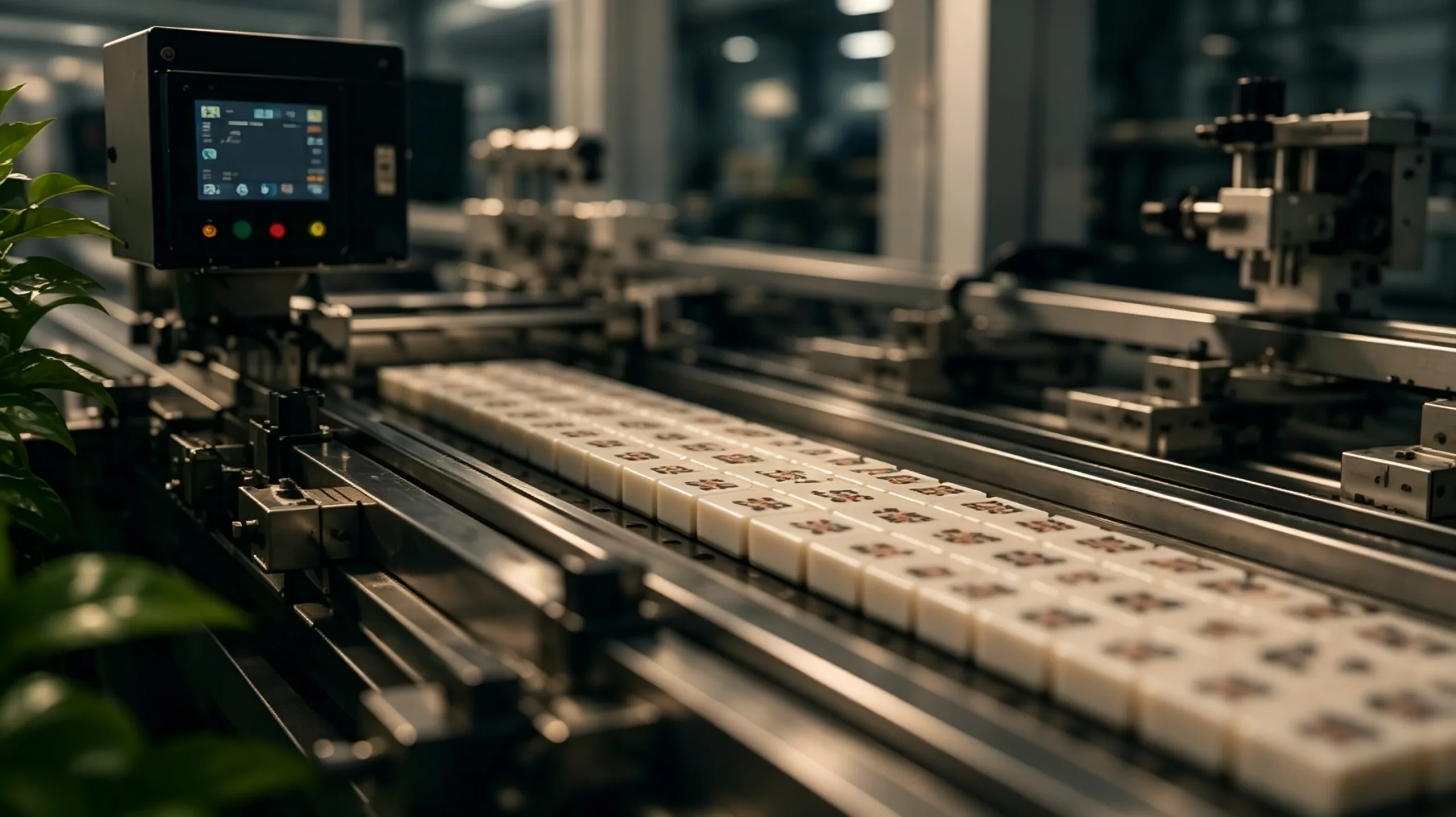 HUHU Mahjong manufacturing production process showing automated tile production equipment and factory operations