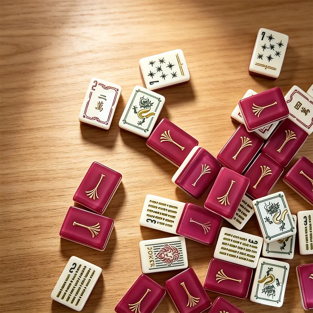 Luxury Burgundy Gold Acrylic Mahjong Tile Set with elegant design