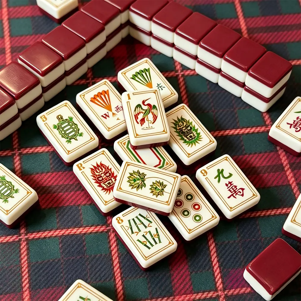 Burgundy Trail Acrylic Mahjong Tile Set showing detailed front and back design