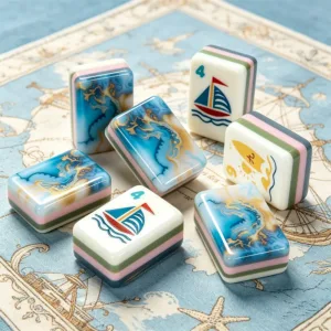 Ocean blue acrylic mahjong tile set featuring a three-layer design, ocean-inspired patterns, and elegant blue textured tile backs