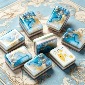 Ocean blue acrylic mahjong tile set featuring dragon-inspired patterns, three-layer design, and elegant marine blue texture