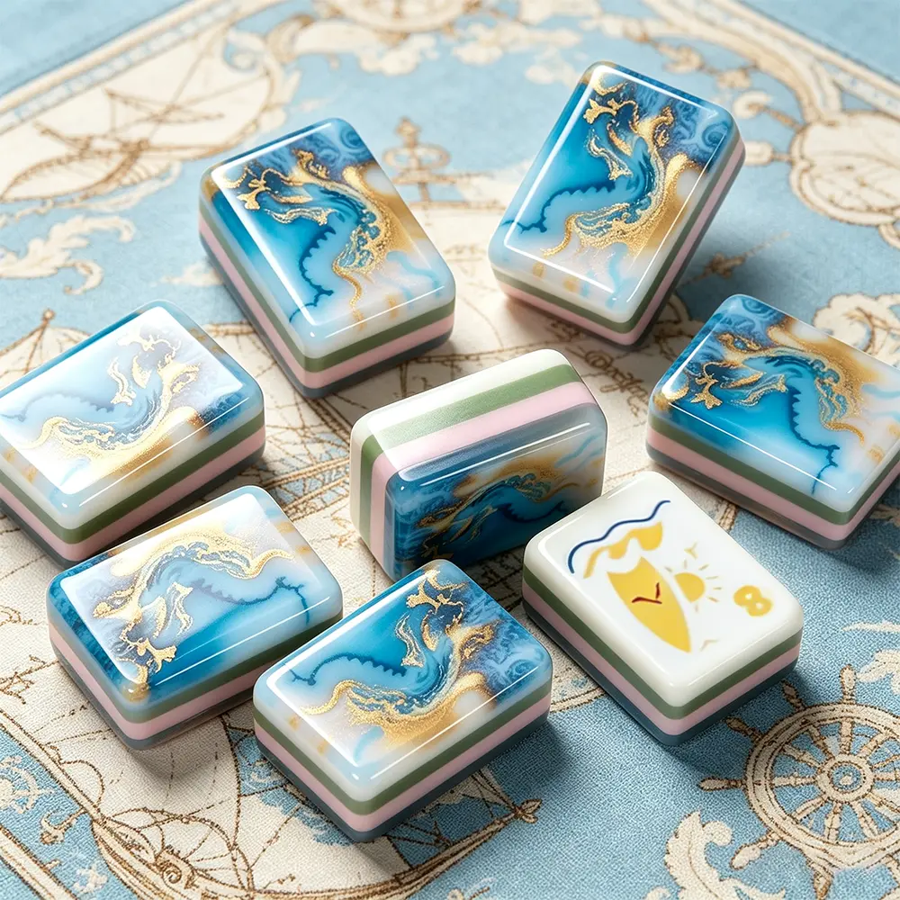 Ocean blue acrylic mahjong tile set featuring dragon-inspired patterns, three-layer design, and elegant marine blue texture