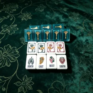 Verdant Green Fan-Shaped Acrylic Mahjong Tile Set displayed in an elegant premium setting