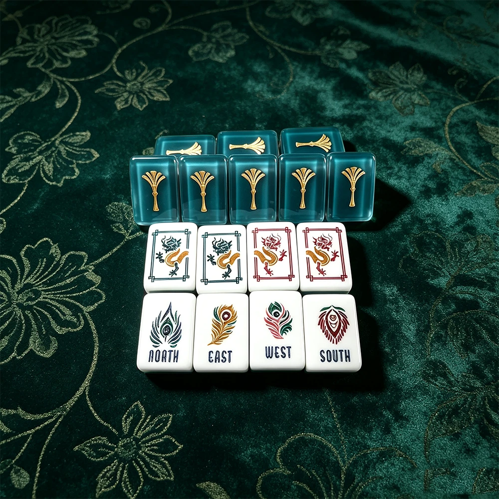 Verdant Green Fan-Shaped Acrylic Mahjong Tile Set displayed in an elegant premium setting