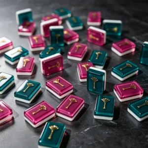 Verdant Green Fan-Shaped Acrylic Mahjong Tile Set with colorful custom tile designs