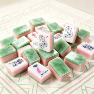 Celadon green acrylic mahjong tile set featuring a three-layer design, jade-inspired texture, and elegant green and pink colour combination