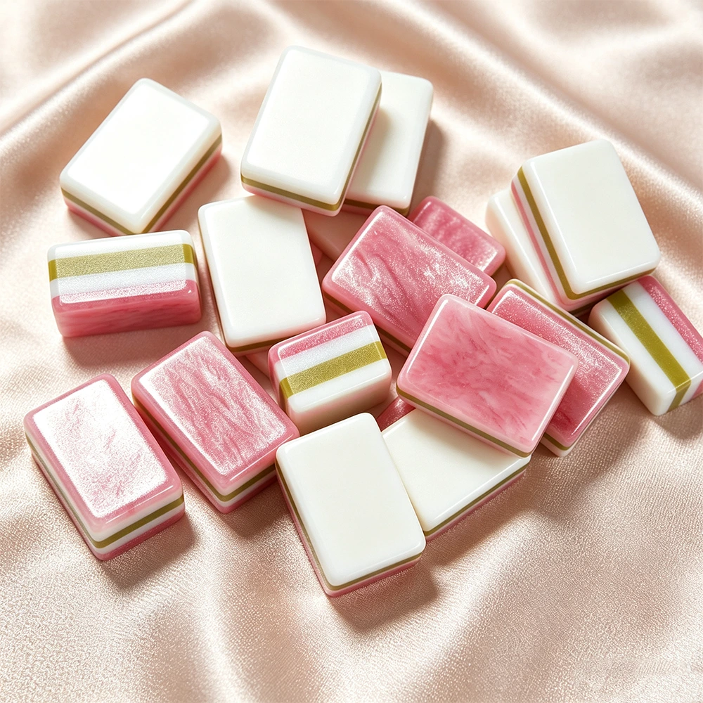 Rosato pink acrylic mahjong tile set featuring a three-layer design, elegant pink texture, and premium layered acrylic craftsmanship