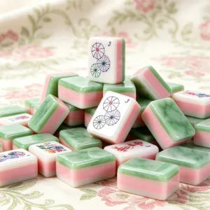 Celadon green acrylic mahjong tile set featuring a three-layer design, jade-inspired texture, and elegant green and pink colours