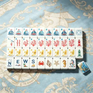 Ocean blue acrylic mahjong tile set featuring ocean-themed designs, layered tiles, and marine-inspired artwork