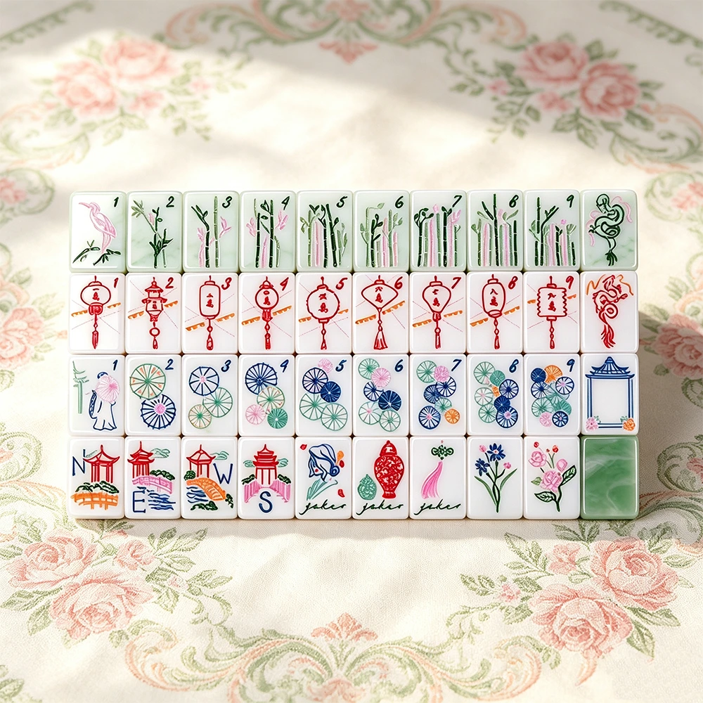 Celadon green acrylic mahjong tile set featuring layered design, jade-inspired texture, and elegant green and pink colour details