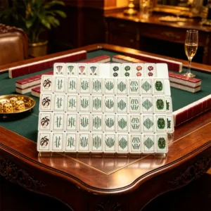 Luxury Burgundy Trail Acrylic Mahjong Tile Set displayed in an elegant Mahjong table setting
