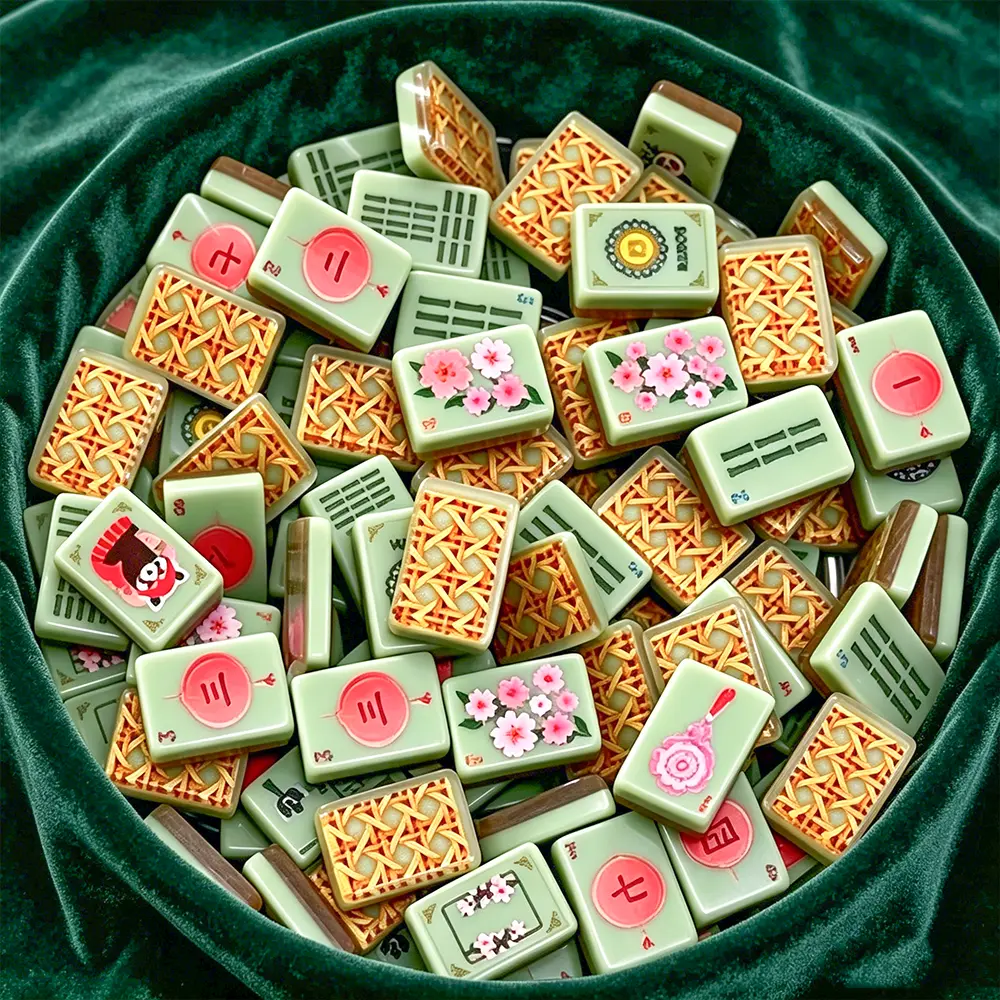 Two-Layer Panda Mahjong Tiles in Bowl Close-Up