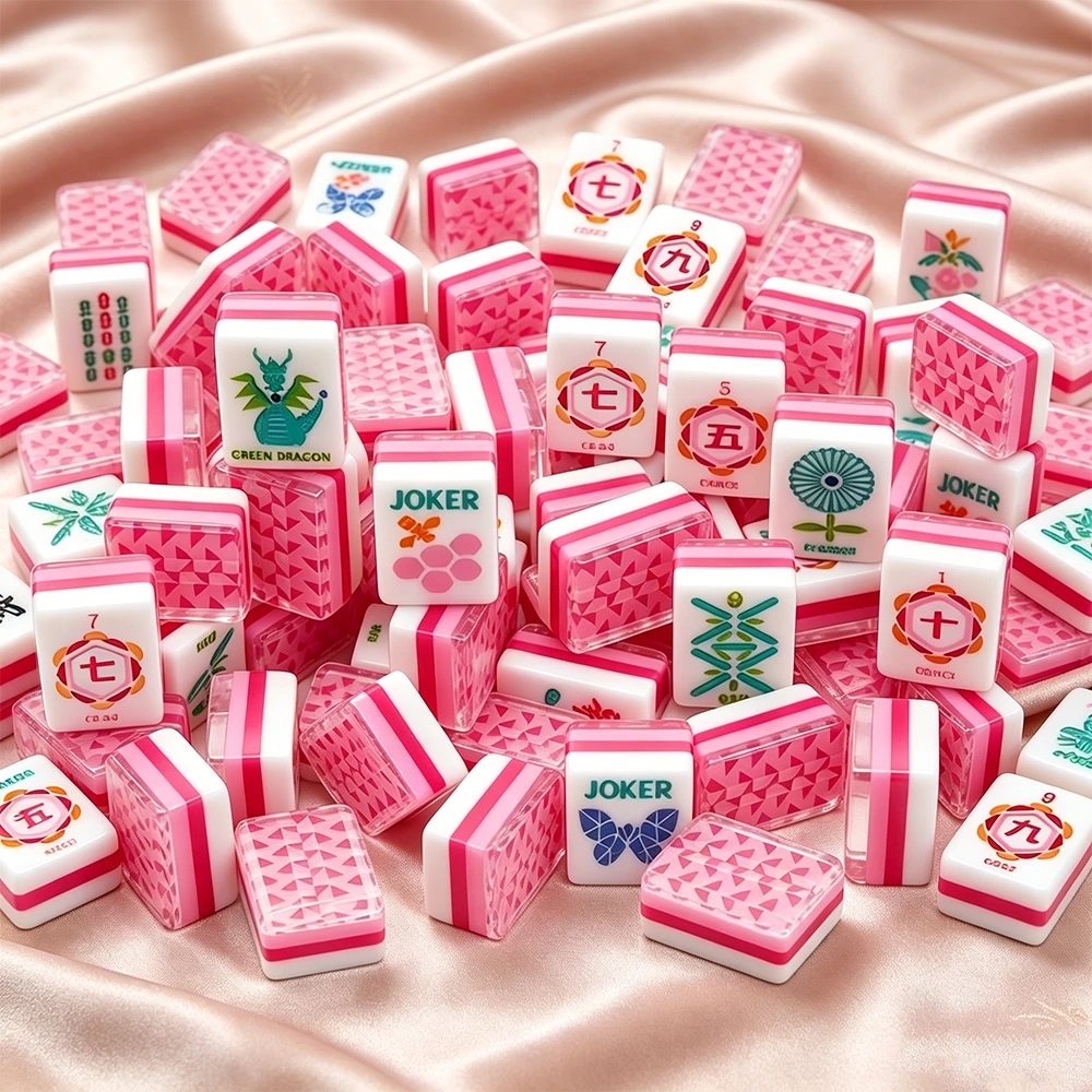 Pink Floral Bloom Acrylic Mahjong Tiles on Silk Background