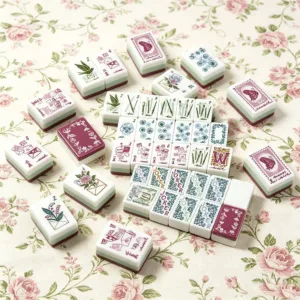 Three-Layer Floral Mahjong Tiles on Decorative Cloth