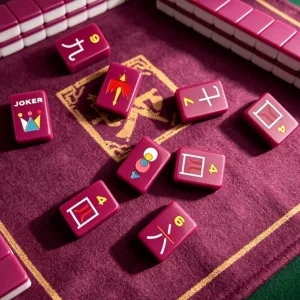 Neon Purple Mahjong Tiles Scattered on Wooden Surface
