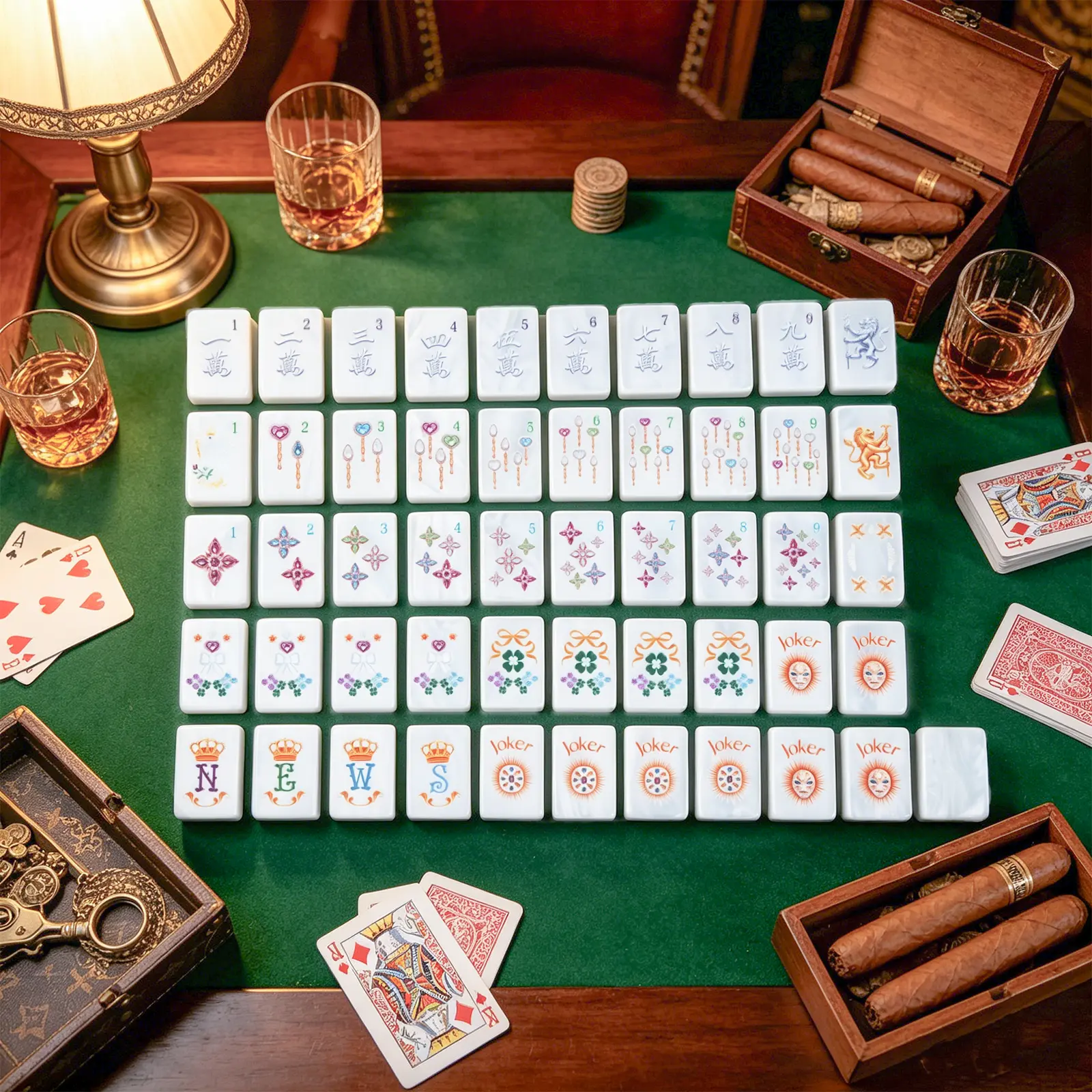 Mother-of-Pearl Mahjong Tiles Luxury Lounge Scene