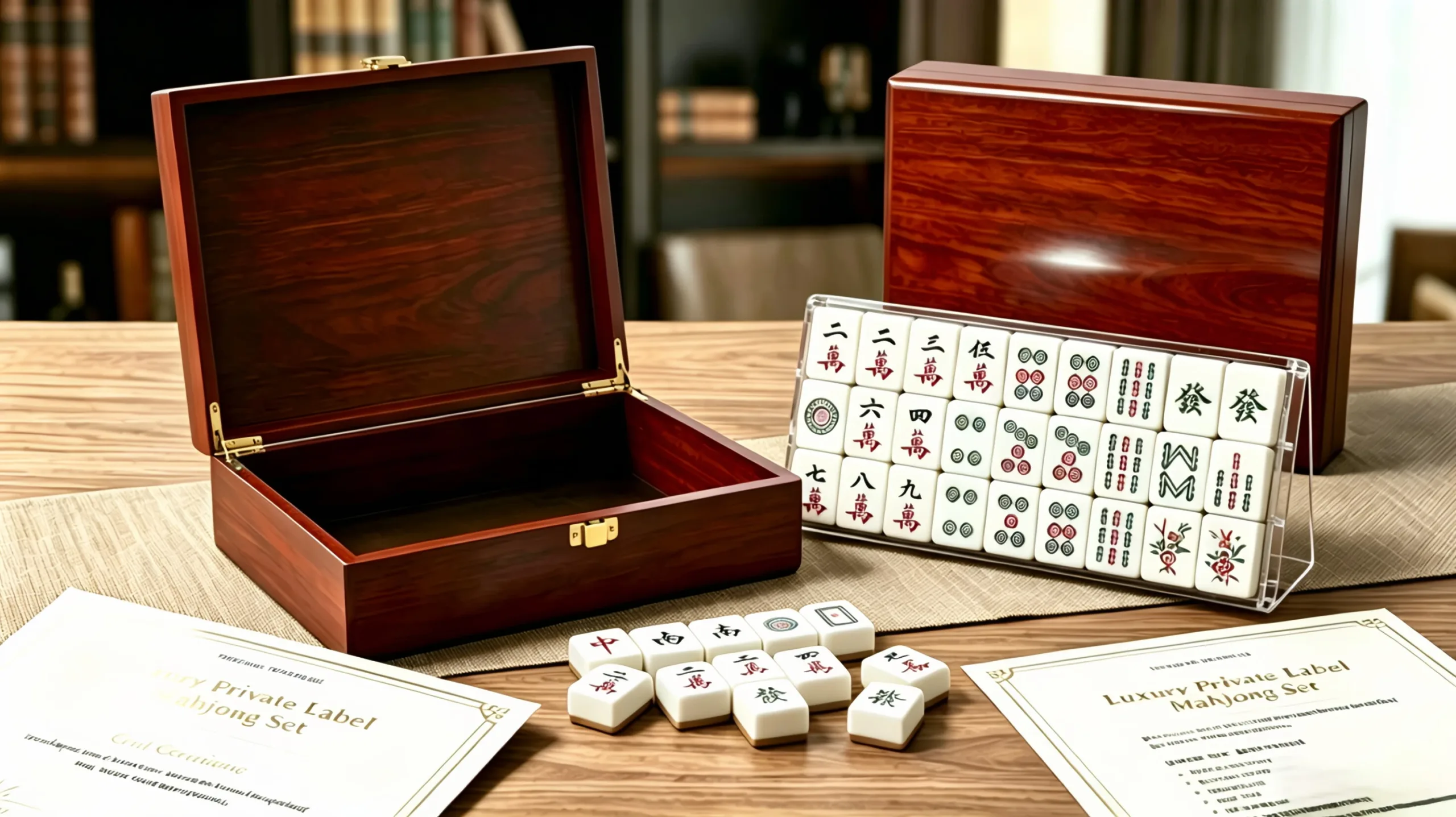 Private label Mahjong set with custom packaging and premium wooden storage case