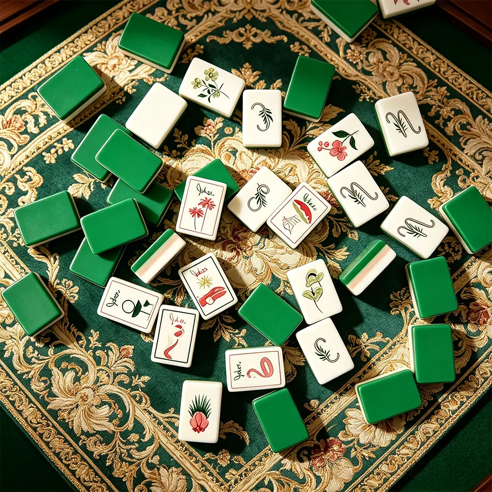 Three-Layer Green Pink Mahjong Tiles Table Layout