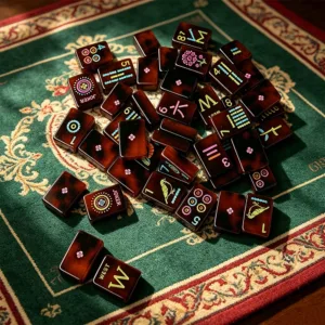 Hands Mixing Tortoiseshell Mahjong Tiles on Table