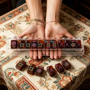 Hands Holding Stacked Tortoiseshell Mahjong Tiles