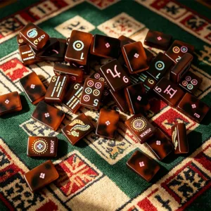 Tortoiseshell Mahjong Tiles with Dice on Table