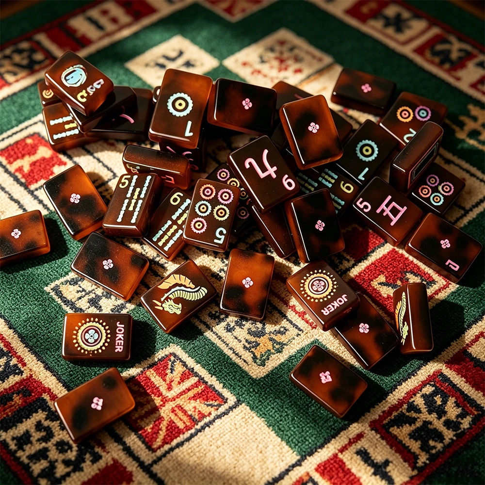 Tortoiseshell Mahjong Tiles with Dice on Table