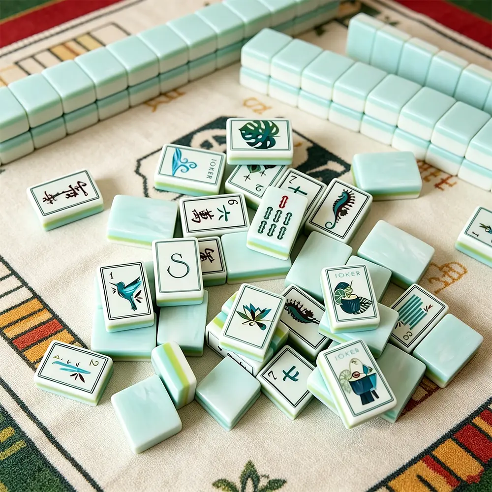 Ocean shell acrylic Mahjong tile set with elegant green translucent design