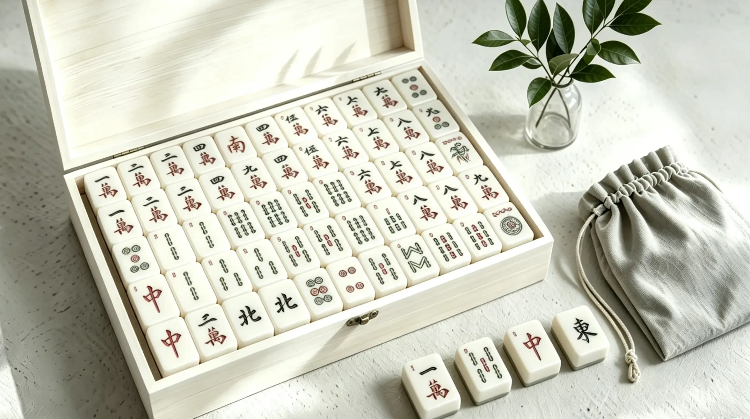 Light wood case with ivory American mahjong tiles, linen pouch and green foliage, minimalist product shot