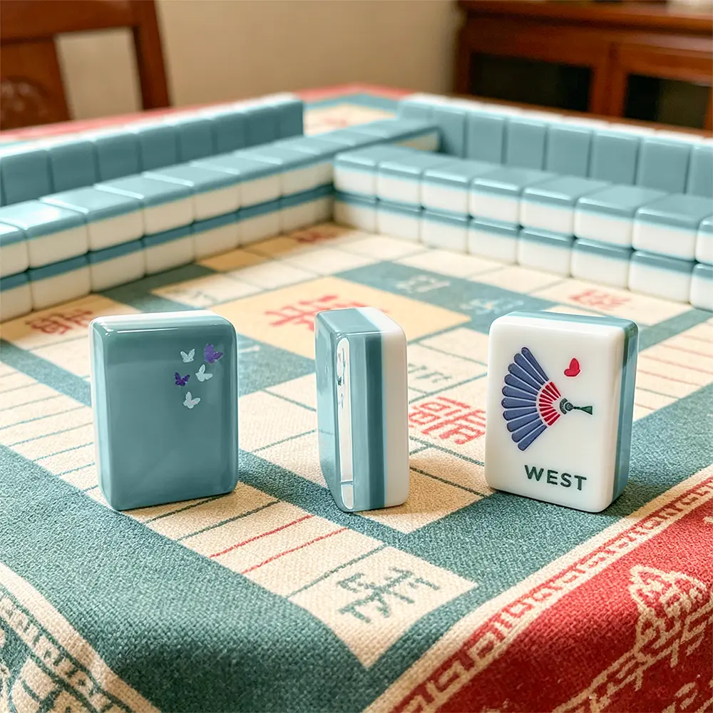 Blue Butterfly Mahjong Tiles in Storage Tray