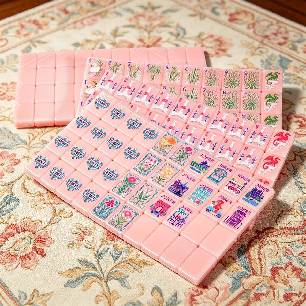 Fruit Pink Pricklypear Acrylic Mahjong Tiles – Floral Table Displa Fruit Pink Pricklypear Mahjong Tiles on Floral Tablecloth