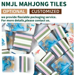 Ocean blue acrylic mahjong tile set showing customized packaging options, layered design, and premium tile details
