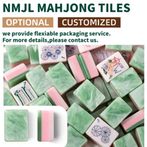 Celadon green acrylic mahjong tile set showing customized packaging options, layered design, and premium tile details