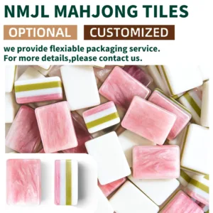 Rosato pink acrylic mahjong tile set showing customized packaging options, layered design, and premium tile details