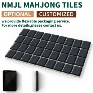 Black and white mother-of-pearl acrylic mahjong tiles showing customized packaging options and tile back design