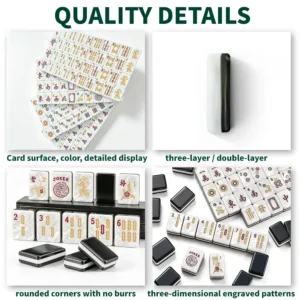 Black and white mother-of-pearl acrylic mahjong tile set showing tile surface, layered design, rounded corners, and engraved patterns