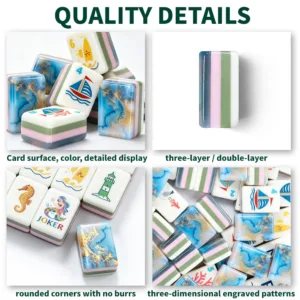 Ocean blue acrylic mahjong tile set showing three-layer design, smooth surface, rounded corners, and detailed engraved patterns