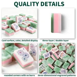 Three-layer green and pink acrylic mahjong tile set showing layered design, rounded corners, smooth surface, and engraved patterns