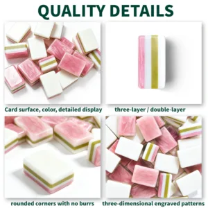 Rosato pink acrylic mahjong tile set showing three-layer design, smooth surface, rounded corners, and detailed craftsmanship