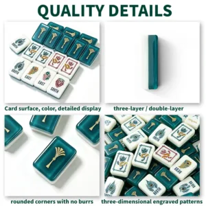 Verdant Green Fan-Shaped Acrylic Mahjong Tile Set quality details showing layered structure and engraved patterns