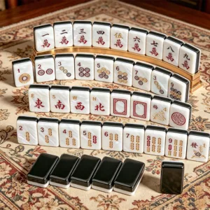 Black and white mother-of-pearl acrylic mahjong tile set with elegant pearl finish and premium black tile backs