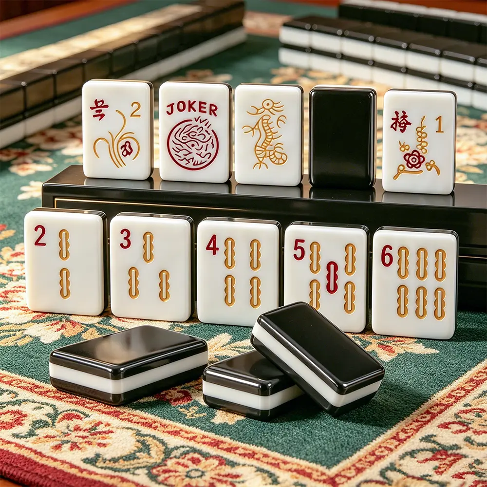 Black and white mother-of-pearl acrylic mahjong tile set showing engraved patterns, black tile backs, and premium pearl finish
