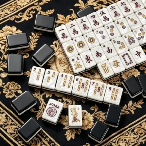 Black and white mother-of-pearl acrylic mahjong tile set displayed with elegant black tile backs and premium pearl finish